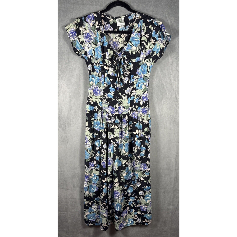 Vintage Laura Ashley Rayon Dress‎ Women 8 Black Blue Floral Bow Midi Ruffle